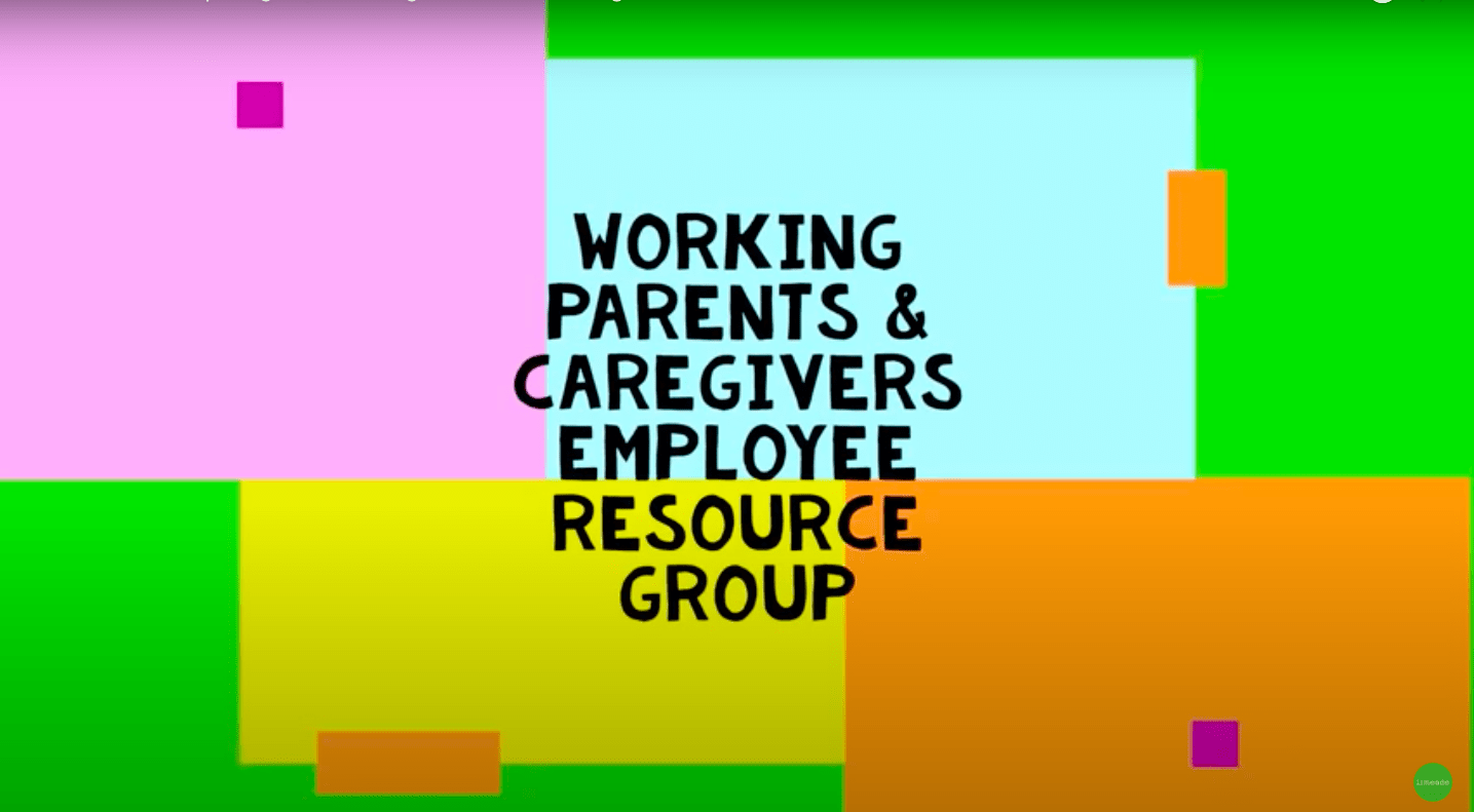 Working parents and caregivers employee resource group graphic set against colorful squares