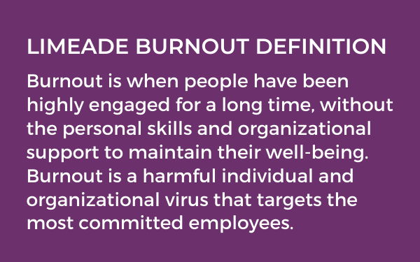 In order to know how to reduce burnout in the workplace and focus on workplace burnout prevention, first learn the Limeade burnout definition. Burnout is when people have been highly engaged for a long time without well-being support.